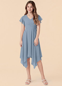 Azazie Janeaurelia Junior Dusty Blue A-Line Pleated Chiffon Dress image4