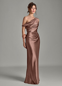 Azazie Emerson Jurken voor bruidsmeisjes Jurk van Metaalachtig Satijn met Zeemeermin Off-shoulder Espresso image5