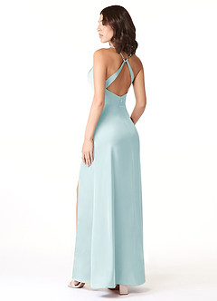 Azazie Geanna Vestidos de damas de honor Vestido de Vidrio Marino de Satén Elástico de Corte Recto con Cuello en V Plisado image4