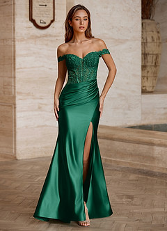 Wrentino Verde Oscuro Vestido de fiesta de satén con apliques bordados image3