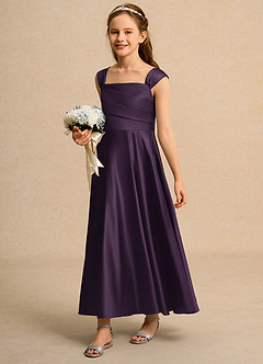 Azazie Bundle Girls Formal Flower Girl Dresses Plum A-Line Pleated Matte Satin Dress image5