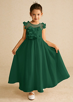 Azazie Arlo vestidos de niña de las flores Vestido de Verde Oscuro de Gasa de Corte En A con Lazo image1