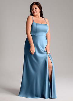 Azazie Lidia Bridesmaid Dresses Steel Blue Mermaid Side Slit Stretch Satin Dress image12