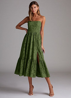Azazie Delphina Bridesmaid Dresses Olive A-Line Strapless Floral Burnout Convertible Dress image1
