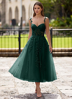 Azazie Dark Green A-Line Ballerina-Length Birthday Dress Corset Lace Rhinestones Appliqued Tulle Lace Sweetheart