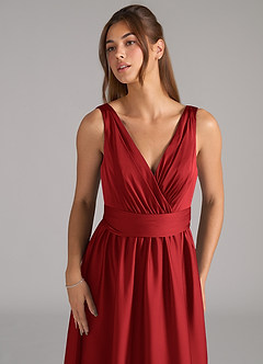 Azazie Kora Bridesmaid Dresses Pomegranate A-Line Pleated Stretch Satin Dress image7