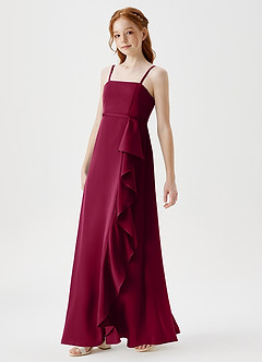 Azazie Kaylee Junior Robe Trapèze en Satin extensible avec ceinture Bourgogne image4