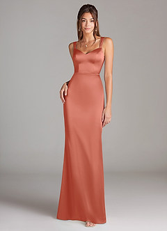 Azazie Denice Robes de demoiselle d'honneur Robe Fourreau en Satin extensible Plissée Rose Saumon image3