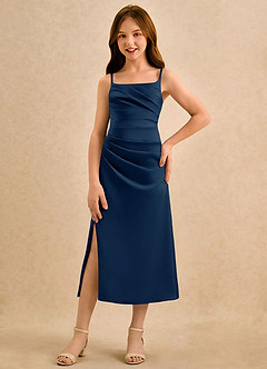 Azazie Canna Girls Formal Flower Girl Dresses Dark Navy A-Line Pleated Stretch Satin Dress image4