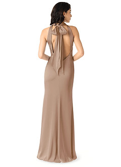 Azazie x Delaney Bridesmaid Dresses Taupe Sheath High Neck Stretch Satin Dress image4