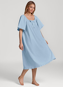 front Vestido pijama de algodón de manga corta con lazo y volantes