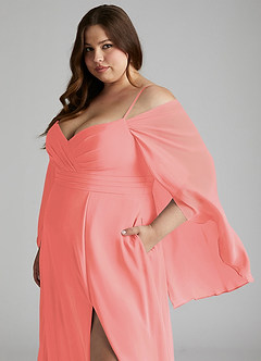 Azazie Cienna Bridesmaid Dresses Coral A-Line Off the Shoulder Chiffon Dress image11
