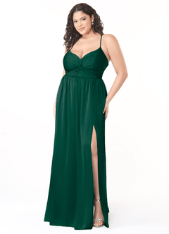 Azazie Raya Bridesmaid Dresses Emerald A-Line V-Neck Pleated Stretch Satin Dress image9
