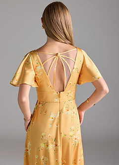 Azazie Lani Brautjungfernkleider A-Linie Volantärmel Stretch-Satin Kleid Goldene Blüten image2