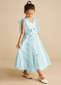 Azazie Minia Flower Girl Dresses Sea Glass A-Line Bow Matte Satin Dress image3