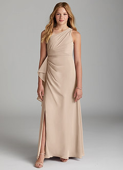 Azazie Maive Junior Taupe A-Line Pleated Chiffon Dress image2