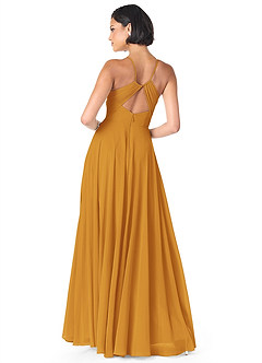 Azazie Avelina Bridesmaid Dresses Butterscotch A-Line V-Neck Pleated Chiffon Dress image2