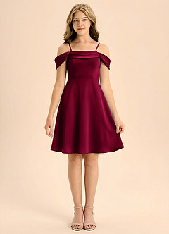 Azazie Anselie Junior Vestido de Borgoña de Satén Elástico de Corte en A con Plisado image3