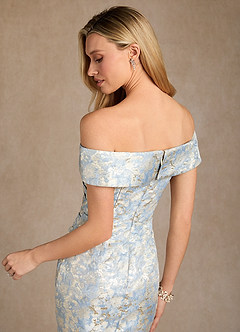 Azazie Canton Mother of the Bride Dresses Dusty Blue Mermaid Off the Shoulder Jacquard Dress image6