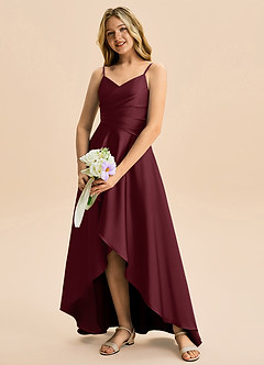 Azazie Eirlys Junior Cabernet A-Line Pleated Stretch Satin Dress image4