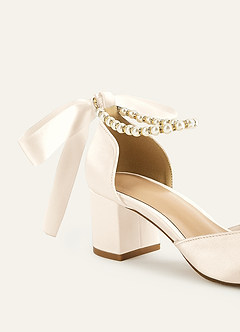 front Matching Color Matte Satin Pearl and Bow Pointed Toe Block Heels