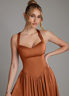 Azazie Francis Robes de demoiselle d'honneur Robe Trapèze en Satin extensible Corset Cuivre image4