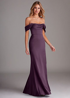 Azazie Saige Bridesmaid Dresses Plum Sheath Off the Shoulder Stretch Satin Dress image6