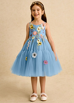Azazie Osea Flower Girl Dresses Steel Blue Ball-Gown Pleated Tulle Dress image4