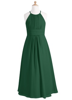 Azazie Bonnie Junior Abito A-Line in Chiffon Plissettato Verde Scuro image5