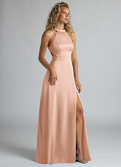 Azazie Clarice Bridesmaid Dresses Rose Gold A-Line High Neck Stretch Satin Dress image2