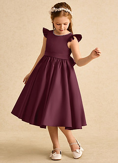 Azazie Dumpling Flower Girl Dresses Cabernet A-Line Bow Matte Satin Dress image4