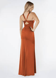 Azazie Mero Bridesmaid Dresses Cinnamon Sheath Pleated Stretch Satin Dress image3