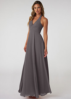 Azazie Tessie Robes de demoiselle d'honneur Robe Trapèze en Mousseline de soie Col V plissé Gris Acier image3
