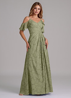 Azazie Dakota Bridesmaid Dresses Pistachio A-Line Off the Shoulder Floral Burnout Dress image4