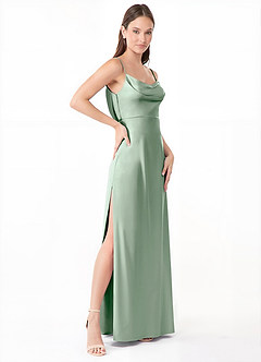 Azazie Alaija Bridesmaid Dresses Agave Mermaid Side Slit Stretch Satin Dress image3