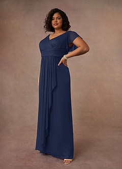 Azazie Reneya Mother of the Bride Dresses Dark Navy A-Line Pleated Mesh Dress image2