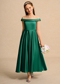 Azazie Teeny Junior Formal Jurken voor bloemenmeisjes A-Lijn Jurk van Mat Satijn Geplooid Smaragd image3