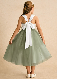 Azazie Bonny 플라워 걸 드레스 볼가운 주름진 얇실버 명주 그물 티 길이 드레스 image2