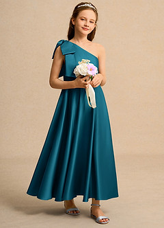Azazie Guppy Girls Formal Abiti da Ragazza di Fiori Abito A-Line in Raso Opaco Monospalla Blu Inchiostro image1