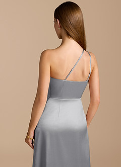 Azazie Trina Bridesmaid Dresses Silver A-Line One Shoulder Metallic Satin Dress image2