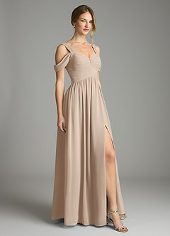 Azazie Lianne Bridesmaid Dresses Taupe A-Line Off the Shoulder Chiffon Dress image5
