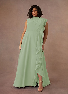 Azazie Narine Abiti per la Madre della Sposa Abito A-Line in Chiffon con Scollo Alto a Pieghe Verde Salvia image10