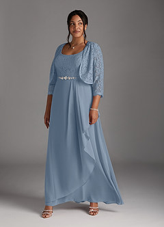 Azazie Ainsling Mère de la mariée Robes Robe Trapèze en Mousseline de soie Dentelle à encolure carrée Bleu Poussiéreux image14