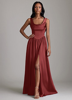 Azazie Novi Robes de demoiselle d'honneur Robe Trapèze en Satin extensible Avec poches Terracotta image1