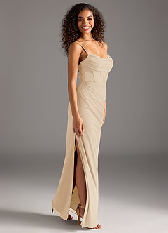 Azazie Mai Bridesmaid Dresses Champagne Sheath Pleated Mesh Dress image8
