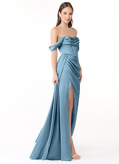 Azazie Amyra Bridesmaid Dresses Steel Blue Sheath Off the Shoulder Stretch Satin Convertible Dress image5