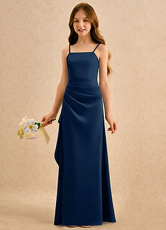 Azazie Cannoli Girls Formal Robe Demoiselle D'honneur Fillette Robe Trapèze en Satin extensible Plissée Bleu Marine Foncé image3