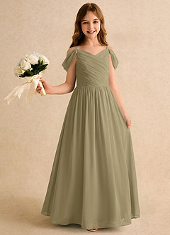 Azazie Chelo Girls Formal Robe Demoiselle D'honneur Fillette Robe Trapèze en Mousseline de soie Plissée Vert Mousse image1
