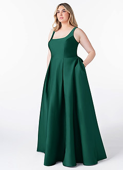 Azazie Neve Bridesmaid Dresses Emerald Ball-Gown with Pockets Stretch Satin Dress image7