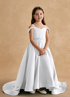 Azazie Jodi Robe Demoiselle D'honneur Fillette Robe Trapèze en Mat Satiné Blanc image4